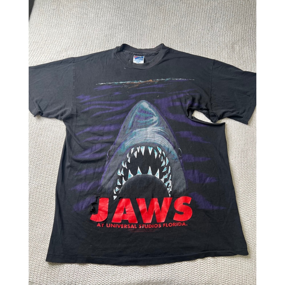 Vintage Hanes Beefy-T Jaws Universal Studios Florida Shirt Black Large Thrashed